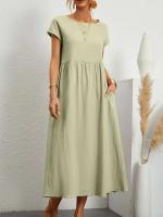 Vestido retro liso elegante de lino y algodón de manga corta con cuello redondo para mujer, vestido suelto informal de verano 2023 - details 10