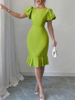 Para las mujeres vestido negro de verano nueva moda elegante Casual cuello redondo manga linterna volantes Oficina Sexy ropa de mujer vestidos - details 6