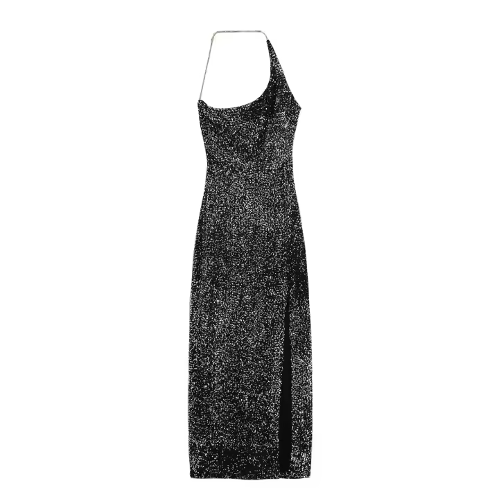 TRAFZA-vestido de noche de fiesta sin mangas para mujer, vestido Midi asimétrico con lentejuelas decorativas, espalda descubierta y cremallera lateral, verano, 2024 - 1