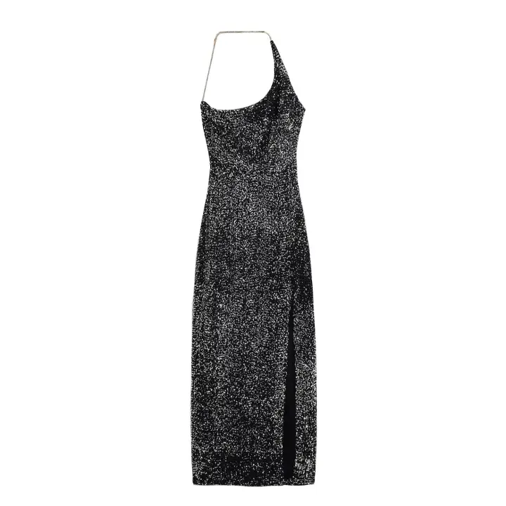 TRAFZA-vestido de noche de fiesta sin mangas para mujer, vestido Midi asimétrico con lentejuelas decorativas, espalda descubierta y cremallera lateral, verano, 2024 - 1