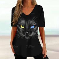 Camiseta Gráfica de Gato Kawaii Manga Corta, Estampado Haruku, Cuello en V, Ropa Suelta para Mujeres - details 1