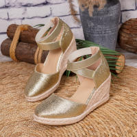 Sandalias de cuña de paja para mujer, clásicas, con banda elástica, de verano, nuevas, sencillas, versátiles, cómodas, a la moda, con tacones altos. - details 1