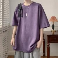 Camiseta de manga corta de gamuza pesada para hombre, camiseta informal holgada de talla grande con manga de cinco cuartos, ropa cómoda de verano para hombre - details 3