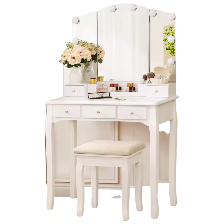 Mesa de Vestir Plegable con Espejo Blanco, 10 Bombillas LED, 5 Cajones, 2 Separadores, Organizador Móvil para Manualidades - 1