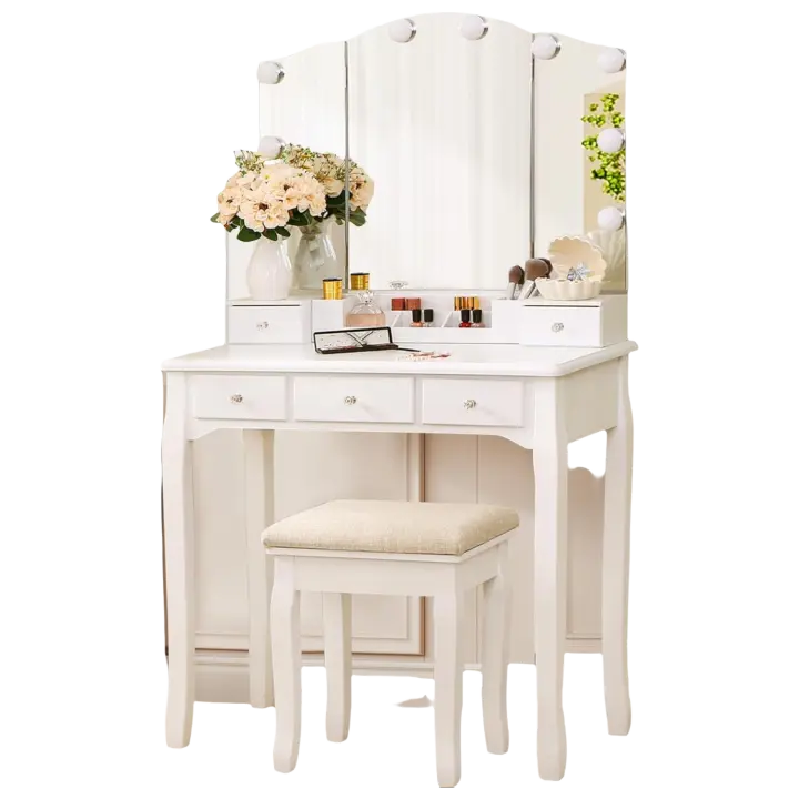 Mesa de Vestir Plegable con Espejo Blanco, 10 Bombillas LED, 5 Cajones, 2 Separadores, Organizador Móvil para Manualidades - 1