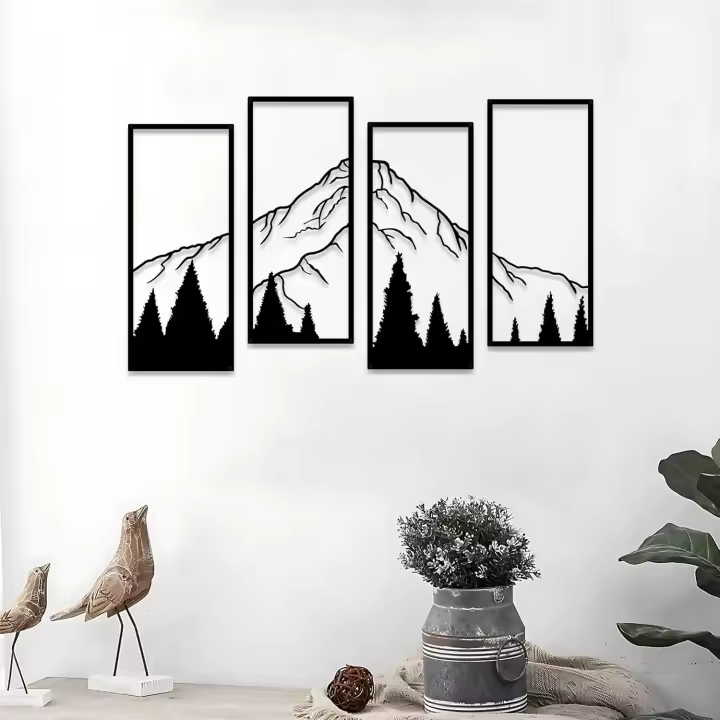 4 Uds. De decoraciones de pared de Metal de montaña y bosque, dibujo lineal, arte de pared, decoración de pared minimalista, escultura artística de pared natural para el hogar - 1