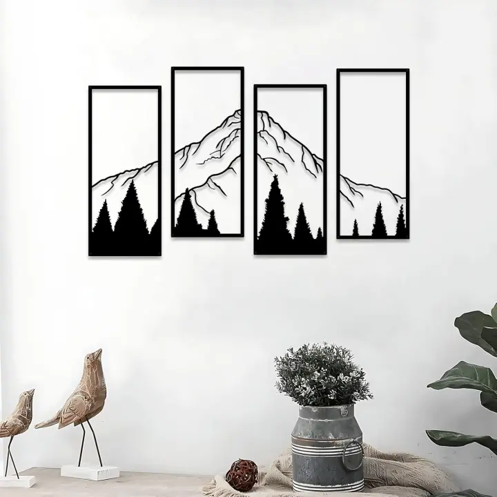 4 Uds. De decoraciones de pared de Metal de montaña y bosque, dibujo lineal, arte de pared, decoración de pared minimalista, escultura artística de pared natural para el hogar - 1
