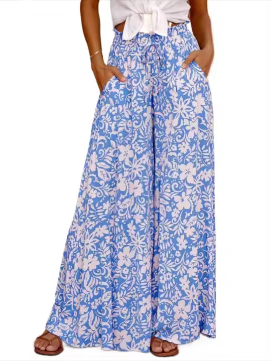 Pantalones bohemios de pierna ancha para mujer, cintura alta, sueltos, manga ancha, estilo veraniego - 1