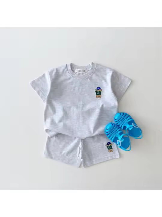 Versión coreana ins ropa de los niños de color caramelo de algodón casual de manga corta conjunto de bebé de dibujos animados oso camiseta pantalones cortos - 1