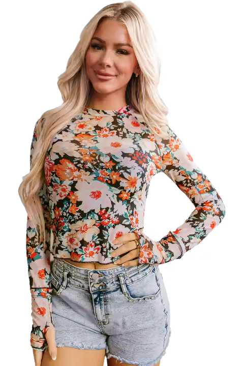 Elrachen Top corto ajustado de malla floral para mujer, naranja, tallas S-XL - 1