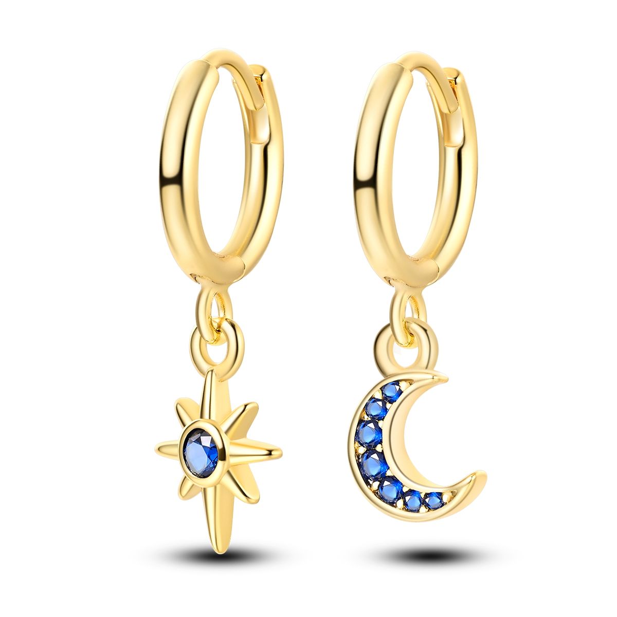 Pendientes de aro de circonio para mujer y niña, aretes de Color dorado, Luna y estrellas, joyería fina de plata 925