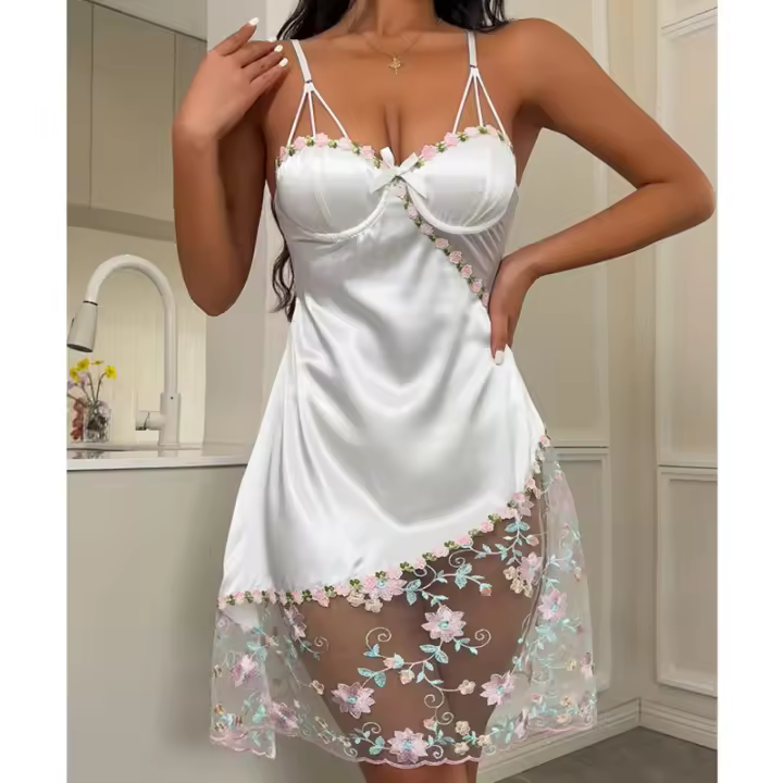 Vestido De Dormir Para Mujer Sexy Encaje Erótico Camisola Floral Lencería Noche Mini Vestido De Suelto Sin Mangas Cuello V - 1