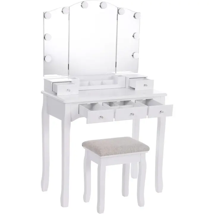 Mesa de Vestir Plegable con Espejo Blanco, 10 Bombillas LED, 5 Cajones, 2 Separadores, Organizador Móvil para Manualidades - 1