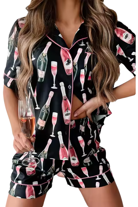 Elrachen Conjunto de pijama de manga corta sedoso para mujer, estampado champán negro, tallas S-XL - 1