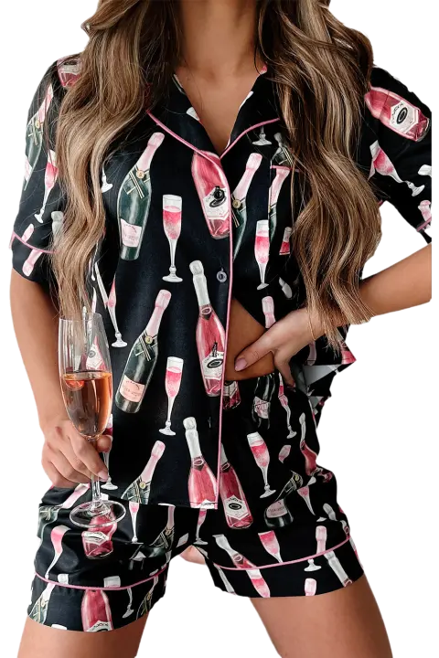 Elrachen Conjunto de pijama de manga corta sedoso para mujer, estampado champán negro, tallas S-XL - 1