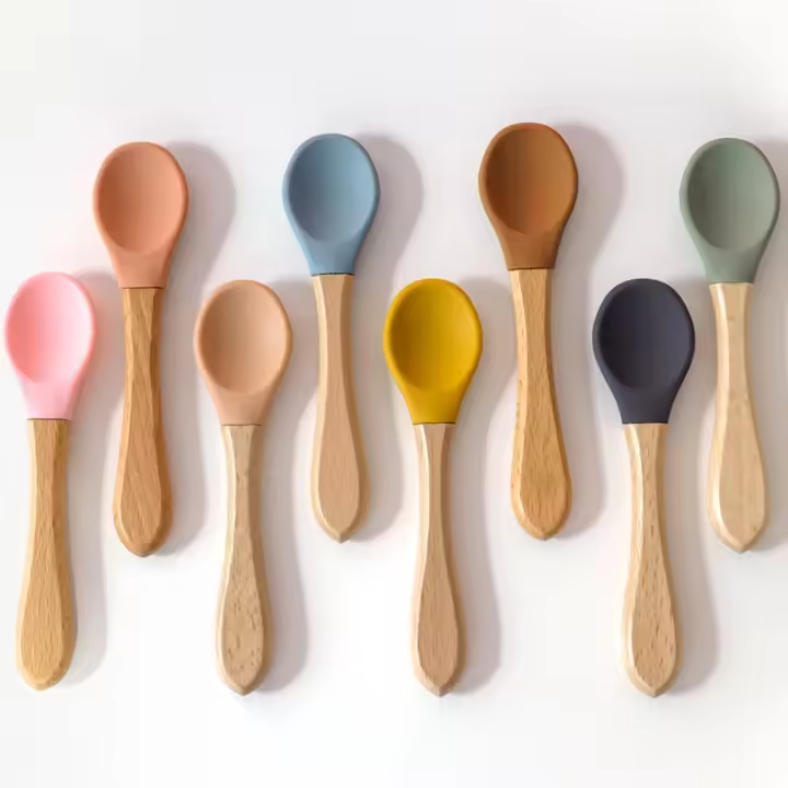 Cuchara de Silicona para Bebé Mango de Madera Utensilio de Comer Alimentos Sólidos - 1