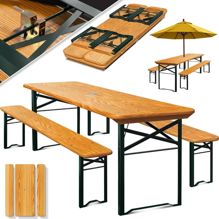 Juego de Mesa de jardín de Cerveza Juego de Muebles de jardín de 3 Piezas |   Plegable 170 x 46 x 75 cm |   2 Bancos de Cerveza, 1 Mesa de Cerveza - 1