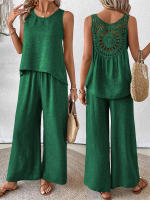 Chaleco informal de dos piezas con encaje calado de Color sólido para primavera y verano para mujer, pantalones largos de pierna ancha - details 9