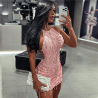 BUNO-minivestido brillante con borlas y retales para mujer, Vestido ajustado con cuello Halter, impresio - details 1