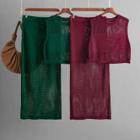 BGTEEVER Spring Summer Elegant Slim Ladies 2 Pieces Knitted Set O-neck Sleeveless Vests & High Waist Split Sweaters Skirts - details 1