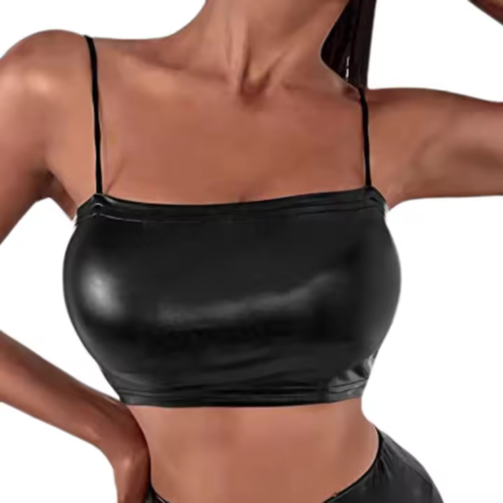 Camisetas sin mangas eróticas con purpurina para mujer, chaleco de charol para mujer, Top corto Sexy con tirantes finos 2022 - 1