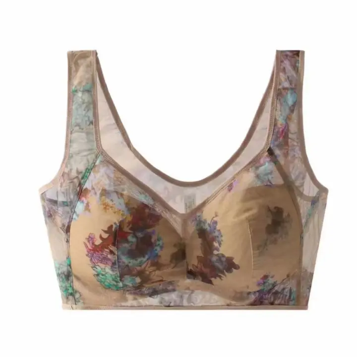 Sujetadores de talla grande, ropa interior de encaje para mujer, M-3XL sin botones, sujetador de verano, ropa interior inalámbrica transpirable con estampado Floral para mujer - 1