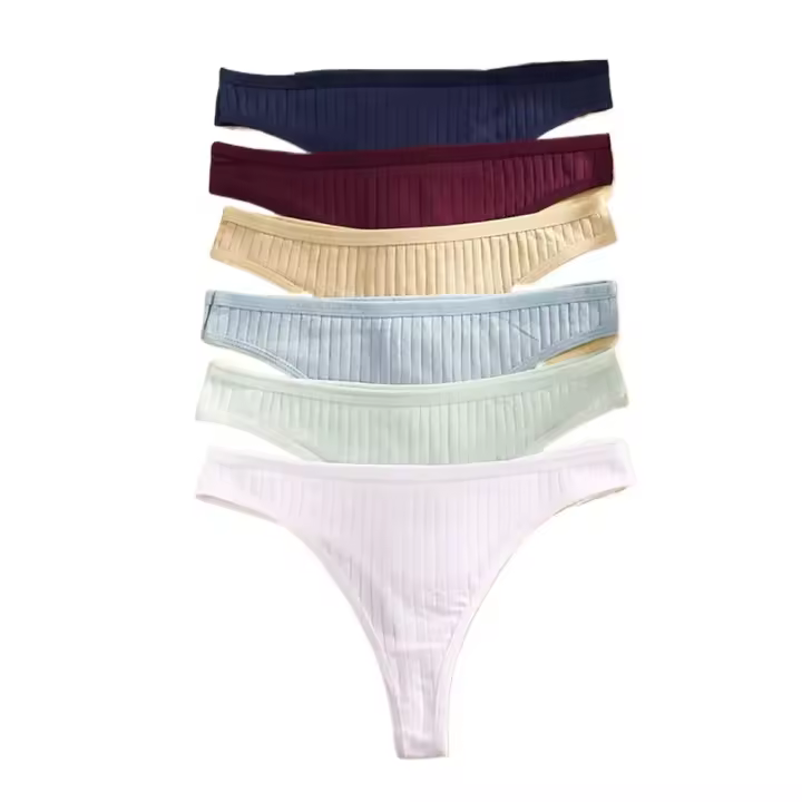 6 unidades/juego de tangas de algodón para mujer, bragas femeninas acanaladas de tiro bajo, Tanga para mujer, Bikini Sexy 7, ropa íntima de S-XL suave de Color sólido para chica - 1