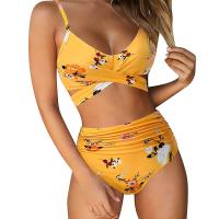 Traje de baño dividido de cintura alta para mujer, bikini multicolor con estampado de cuello halter cruzado - details 16