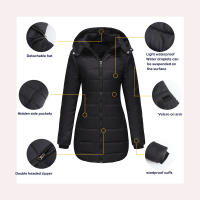 Chaqueta larga acolchada con capucha para mujer, abrigo ligero resistente al agua - details 3