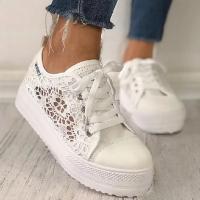 Zapatos de mujer 2025 Moda de verano, zapatos blancos informales, cortes de encaje de lona, zapatos planos de plataforma transpirables - details 0