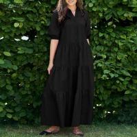 ZANZEA-Vestidos informales de manga corta abombada para vacaciones, Vestidos escalonados, batas elegantes de Color sólido con cuello en V, vestido Maxi de verano 2025 - details 3