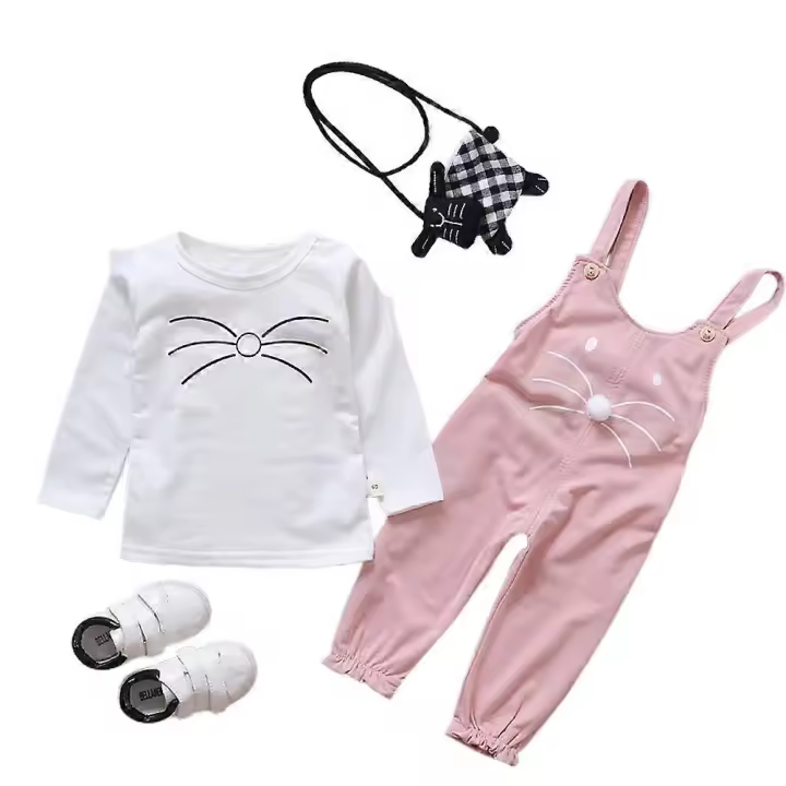 2 unids/set niños niñas camisetas de manga larga gato de dibujos animados mamelucos estampados mono trajes Y BSSM - 1