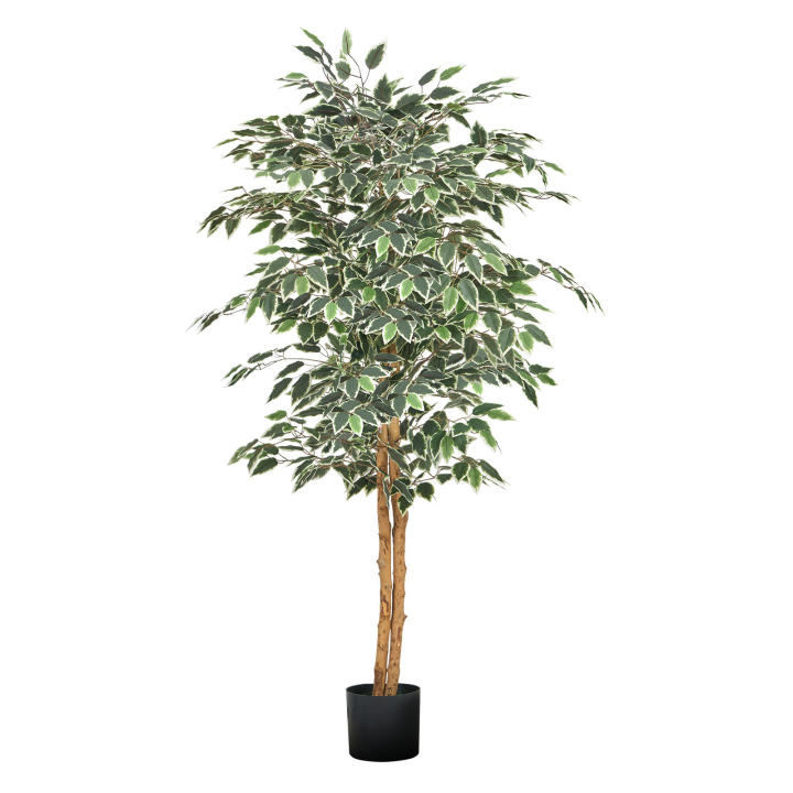 SucceBuy Árbol artificial de ficus de 150 cm con maceta negra, planta artificial alta con tronco de madera natural y hojas verdes realistas, ideal para decoración de interiores en hogares, oficinas, salas de estar o esquinas