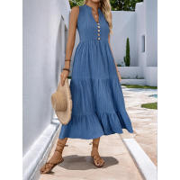 Vestido casual largo de verano, nuevo, de color sólido, con cuello en V y textura. - details 5