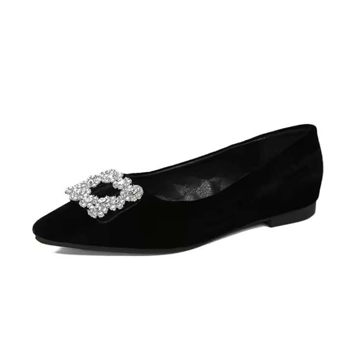 Zapatos de novia individuales de terciopelo francés con suela plana, poco profundidad, hebilla cuadrada puntiaguda y diamantes brillantes. - 1