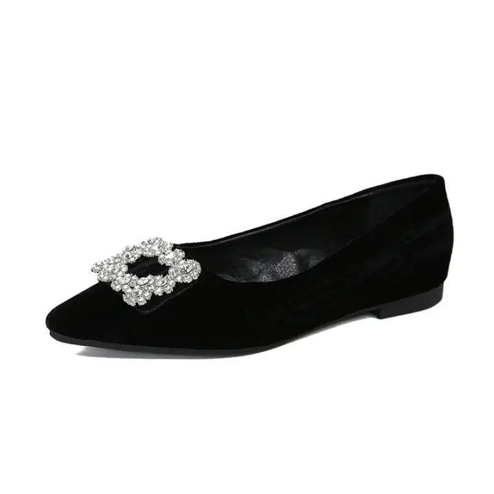 Zapatos planos de gamuza plisada con hebilla cuadrada y suela plana con diamantes de imitación en la punta - 1