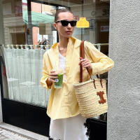 BUNO-2025 Primavera Verano amarillo manteca rayas mujeres camisas sueltas moda cuello vuelto solo pecho camisas finas para mujer - details 2
