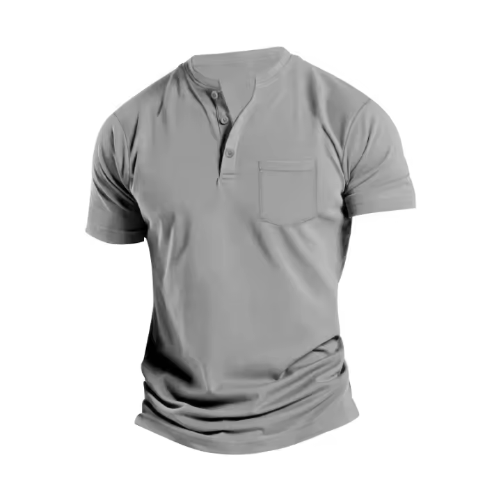 Verano nueva camiseta ropa de los hombres camiseta ajustada europea y americana de color sólido botón bolsillo cuello de pie manga corta - 1
