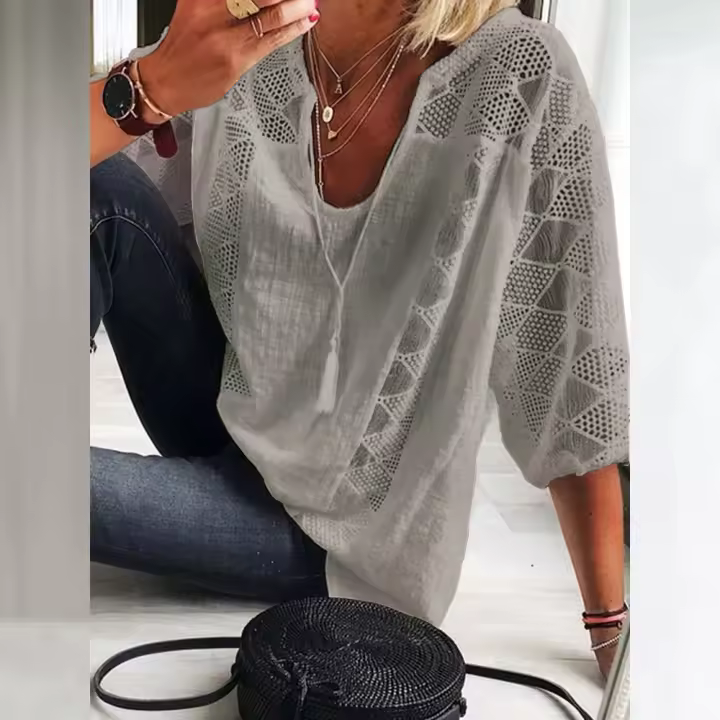 Blusa de Lino y Algodón para Mujer Cuello en V, Manga 3/4, Blusa Holgada Informal, Moda Diaria - 1