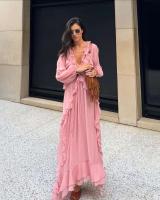 Vestidos elegantes lisos de encaje con múltiples unces, vestidos elegantes holgados con cuello de pico, batas de manga larga para mujer nueva, vestido de vacaciones para ir al trabajo de verano 2025 - details 3
