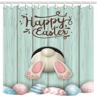 Cortina de ducha de conejito de Pascua feliz, conejos divertidos, huevos rosas y azules, cortina de baño de tela de poliéster, juego de cortinas de baño impermeables - details 1
