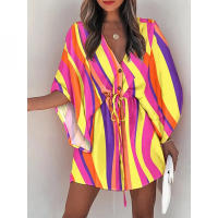 Traje de baño para mujer Vestido de playa estampado con cordón3/4MangaVMini falda de playa con Cuello estilo bohemio - details 6