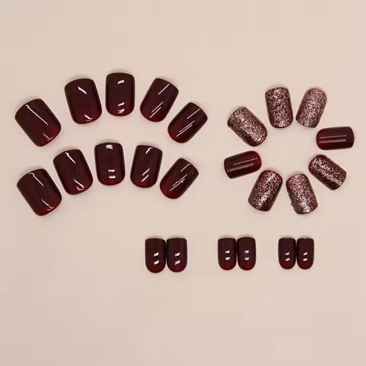 24pcs Uñas Postizas Redondas Cortas de Terciopelo Brillantes de Vino Sólido para Mujeres y Niñas - 1