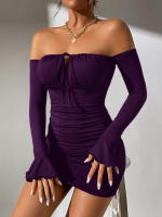 Vestido morado de mujer con falda corta de clavícula - details 1
