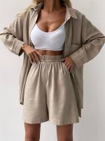 Conjunto de dos piezas de camisa de manga larga con cuello vuelto, botones y bolsillo, y pantalones cortos anchos de pierna, de algodón, estilo primaveral/veraniego. - details 14