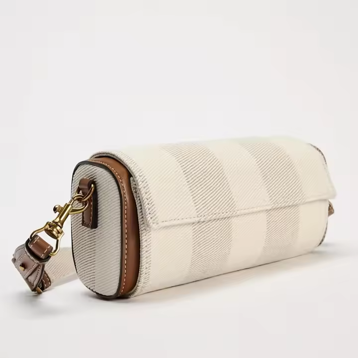 Bolso bandolera vintage a rayas para mujer con correa ancha ajustable - Bolso de hombro cilíndrico pequeño de tela beige, diseño abierto en la parte superior - 1