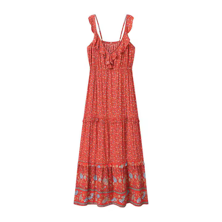 Vestido Bohemio de Verano 2025 para Mujer Sin Mangas Cuello en V Adorno Grande - 1
