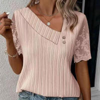 Camiseta de manga corta con cuello inclinado para mujer, de color sólido empalme de manga de encaje, Color blanco, talla S - details 1