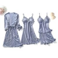 Conjunto de pijama de 5 piezas para mujer, ropa de dormir de satén Ence, suéter con cuello en V, albornoz de primavera - details 5