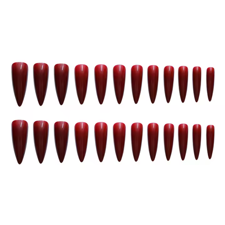 Rojo vino falso puntiagudo, color llamativo, uñas artificiales de moda para uso diario - 1
